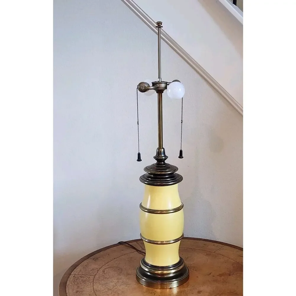 Mid Century STIFFEL Yellow Enamel / Brass DBL Socket Table Lamp 35.5